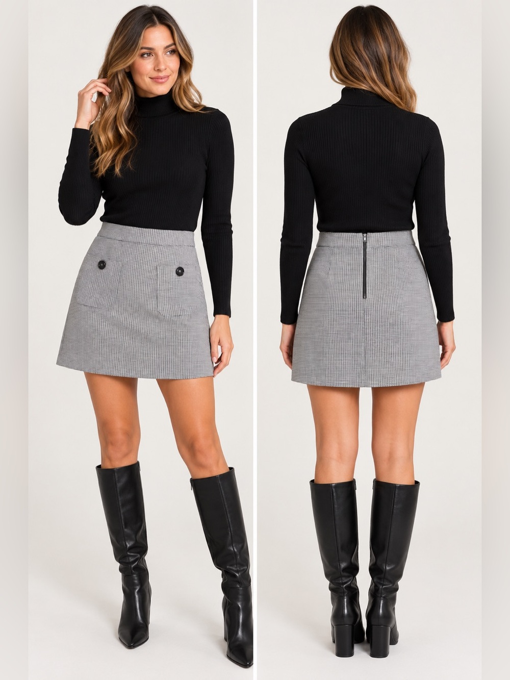 KOOKAÏ Houndstooth Mini Skirt Size 36 Black White Button Pocket A-Line